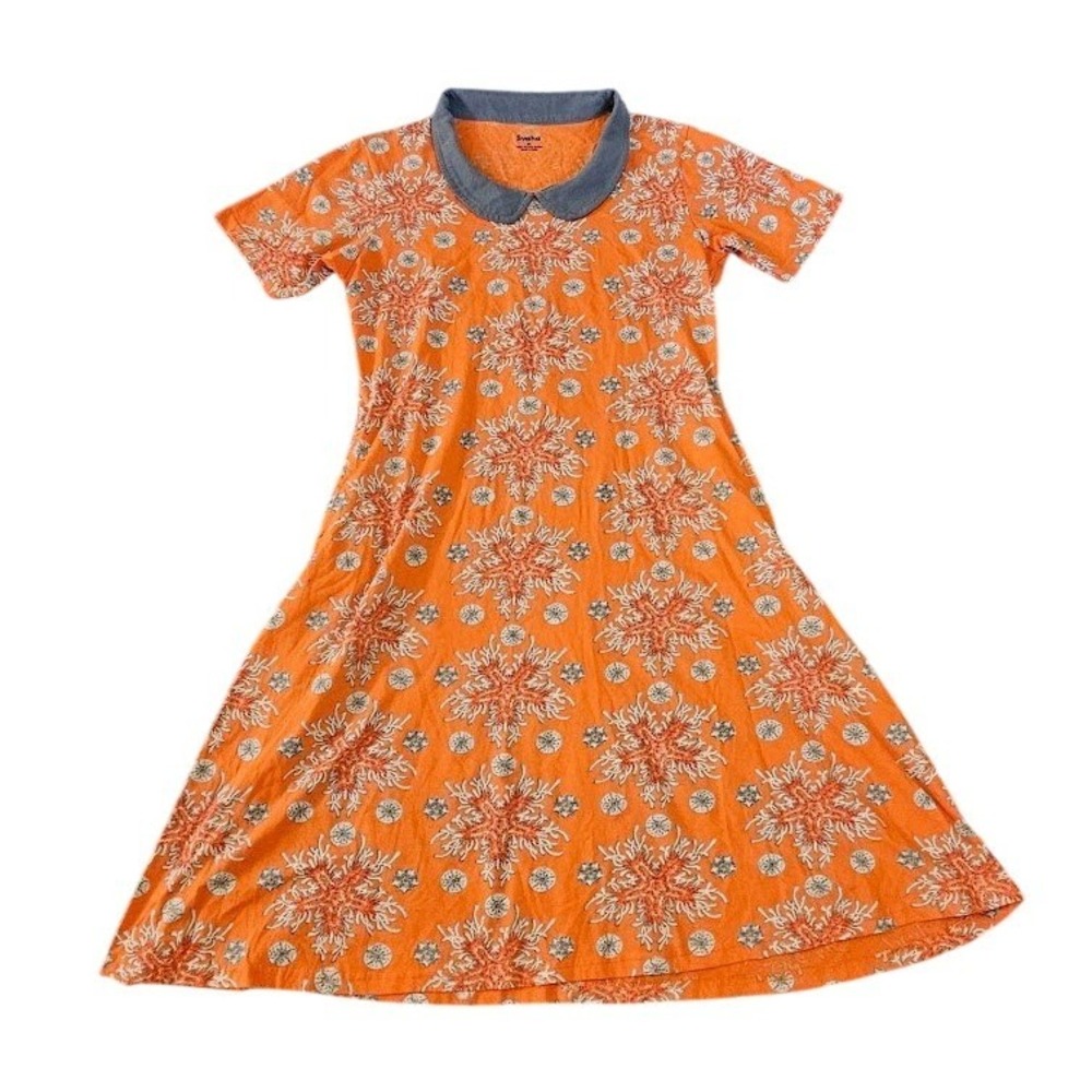 Svaha Orange Coral Sand Dollar Organic Cotton Peter Pan Collar Dress Medium